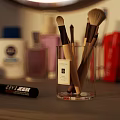Stylish Dressing Table With Round Lighted Mirror Cosmetics Perfume Bottles Lipsticks And Flower Vase