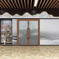 Modern Style Specialty Store With Landscape Painting Wall Wooden Ceiling And Display Cabinets