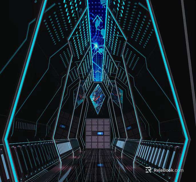 Futuristic Elevator Corridor With Blue LED Lighting Geometric Structures And Modern Design 3d model 