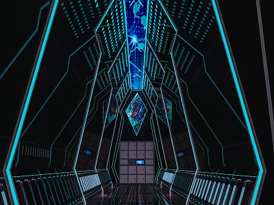 Futuristic Elevator Corridor With Blue LED Lighting Geometric Structures And Modern Design 3d model