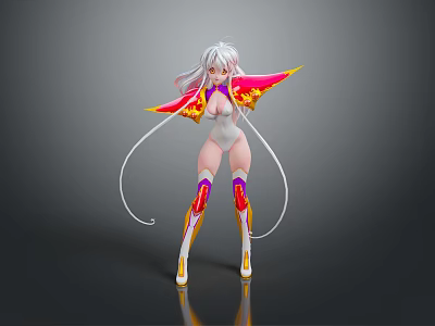 Fantasy Woman With White Long Hair Pink Yellow Cape Colorful Knee Guards And White Boots 3d model