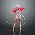 Fantasy Woman With White Long Hair Pink Yellow Cape Colorful Knee Guards And White Boots