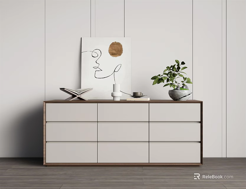 Modern Minimalist White Entryway Console Cabinet With Decorative Painting Green Plant Books And Vase 3d model 