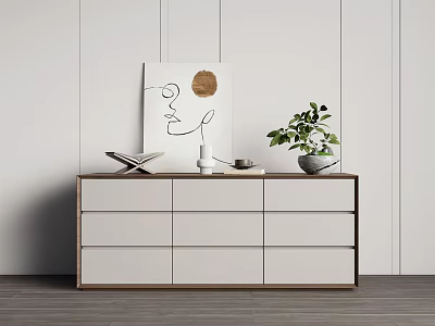 Modern Minimalist White Entryway Console Cabinet With Decorative Painting Green Plant Books And Vase 3d model
