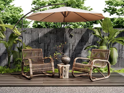 Stylish Rattan Outdoor Chairs With Side Table Patio Umbrella And Lush Green Plants Around Stone Wall 3d model