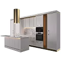 Modern Kitchen With White Cabinets Marble Countertop Gold Accents Island And Built in Appliances