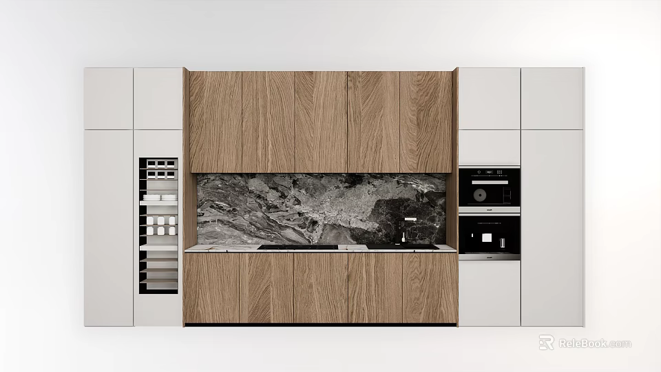 Modern Kitchen Interior With Wooden Cabinets Marble Backsplash And Appliances 3d model