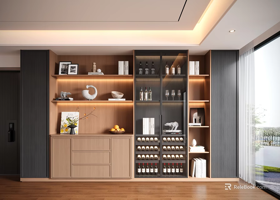 Modern Wooden Sideboard Cabinet With Built In Wine Rack And Open Display Shelves 3d model 