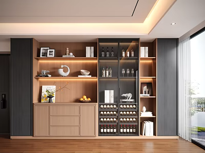 Modern Wooden Sideboard Cabinet With Built In Wine Rack And Open Display Shelves 3d model