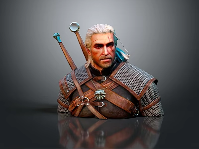 White Haired Warrior 3D Bust Model With Chainmail Armor Wolf Emblem And Weapons 3d model