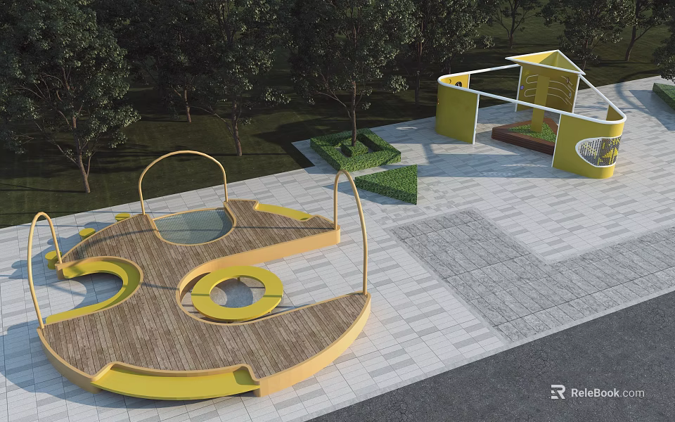 Modern Commercial Landscape Design Featuring Yellow Structures Wooden Decks Circular Elements And Greenery 3d model