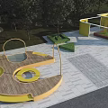 Modern Commercial Landscape Design Featuring Yellow Structures Wooden Decks Circular Elements And Greenery 3d model