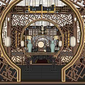 Traditional Chinese Banquet Hall Interior With Chandeliers Screens And Red Carpet