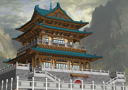 Chinese ancient attic sutra depository Wenyuan Pavilion 3d model