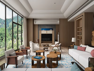 Lounge Area With Large Windows Mountain View Green Trees Sofa Chairs Wooden Coffee Tables 3d model