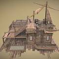 Wooden Boat House Sailing Boat House Canvas Cloth Old Wooden House Old Boat Mast Wooden Box Barrel Deck 3d model