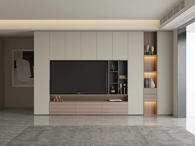 Modern Living Room Interior With TV Wall Built-in Cabinet Decorative Shelves And Area Rug 3d model