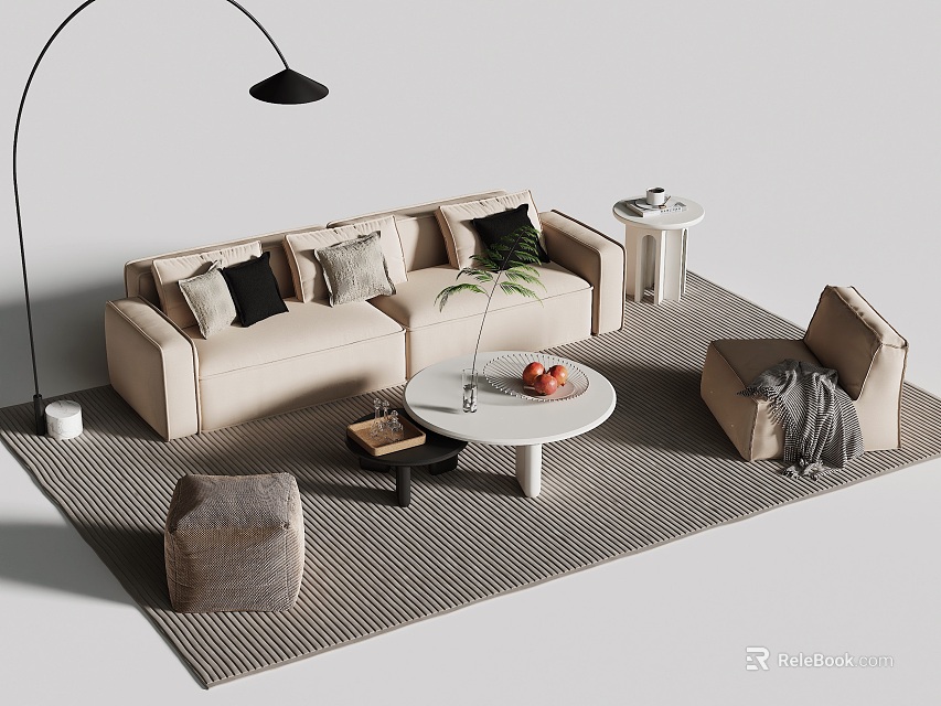 Beige Sofa Round White Coffee Table Interior With Cushions Fruits Plant Armchair Rug Floor Lamp 3d model 