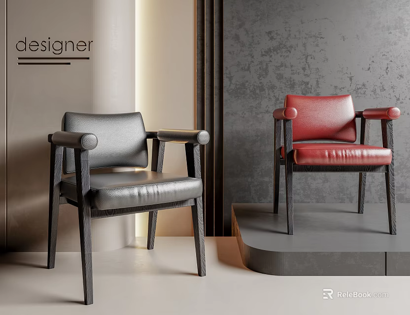 Modern Gray and Red Leather Accent Chairs With Armrests In Designer 3d model