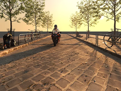 Cobblestone Road With Trees Railings And Bike Racks For Urban Path Infrastructure 3d model