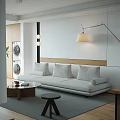 Modern Living and Dining Room With White Sofa Wooden Coffee Table Floor Lamp and Plant