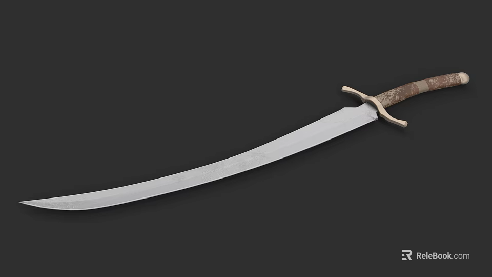 Traditional Curved Sword Weapon With Wooden Handle Golden Hilt And Silver Blade 3d model 