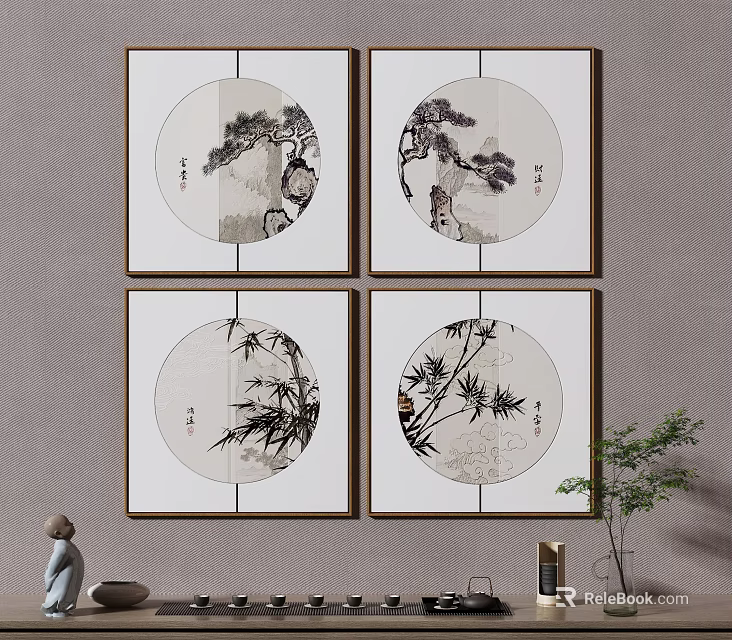 Chinese Ink Paintings with Pine Bamboo and Circular Design on Wall in Interior Decor 3d model 
