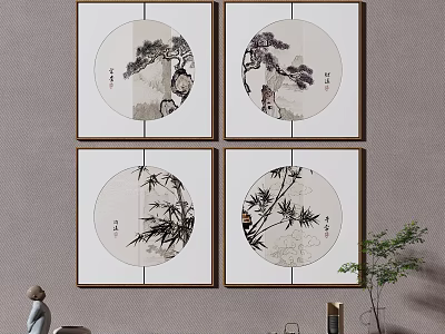 Chinese Ink Paintings with Pine Bamboo and Circular Design on Wall in Interior Decor 3d model