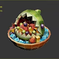 Decorative Watermelon Shaped Fruit Bowl With Assorted Fresh Fruits And Ice Cubes