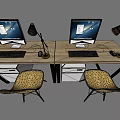 Functional Desk With Two Computer Monitors Table Lamps Drawer Cabinets And Yellow Chairs 3d model