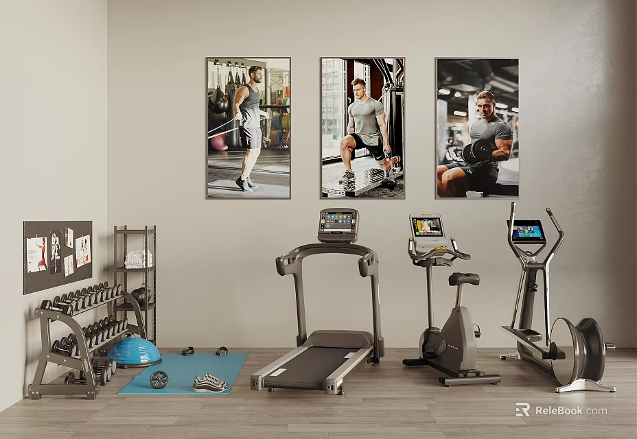 Fitness Equipment for Home Gym with Treadmill Exercise Bike Elliptical Dumbbell Rack and Yoga Mat 3d model 