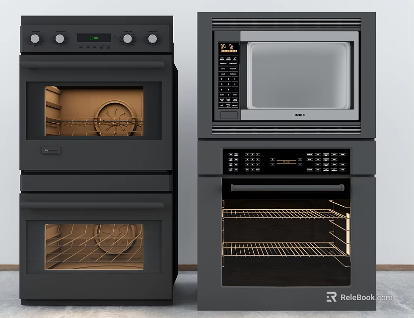 Stylish Modern Black Kitchen Appliances With Double Oven And Microwave 3d model 