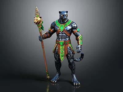Panther Themed Warrior Character With Green Gold Accents And Decorative Staff 3d model