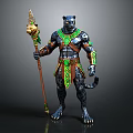Panther Themed Warrior Character With Green Gold Accents And Decorative Staff
