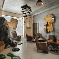 Reception Area Interior With Stone Counter Black Stools Pendant Lights And Sculpture