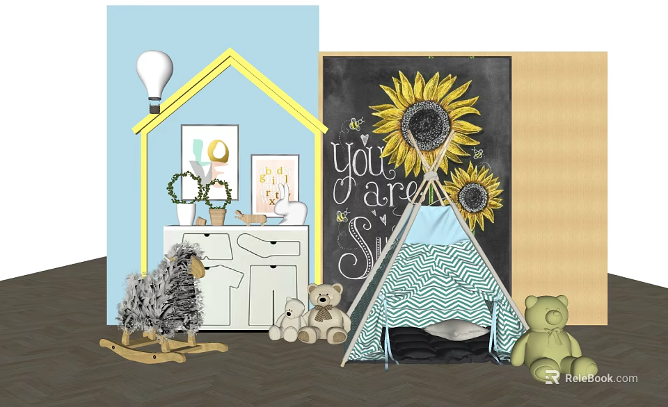 Blue White Chevron Tent With Teddy Bears Rocking Sheep And Sunflowers In Kids Room 3d model 