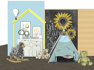 Blue White Chevron Tent With Teddy Bears Rocking Sheep And Sunflowers In Kids Room 3d model