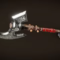 Ornate Metal Axe With Intricate Carvings And Red Wrapped Wooden Handle