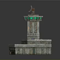 Intricately Carved Stone Tower Sculpture With Sail Shaped Top Green Lights And Weathered Details