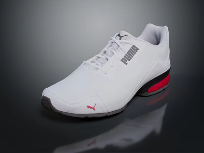 White PUMA Athletic Sneakers With Red Accent Sole And Brand Logo Design 3d model