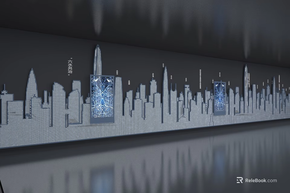 Modern City Skyline Silhouette With Digital Screens And Reflective Floor 3d model 