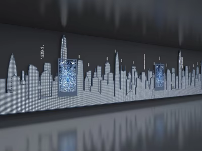 Modern City Skyline Silhouette With Digital Screens And Reflective Floor 3d model