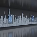 Modern City Skyline Silhouette With Digital Screens And Reflective Floor