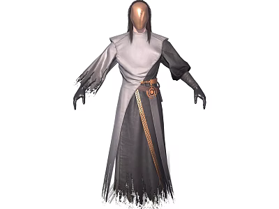 Mystical Hooded Character In Gray And White Robe With Ornate Belt And Fringed Hem 3d model