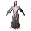 Mystical Hooded Character In Gray And White Robe With Ornate Belt And Fringed Hem