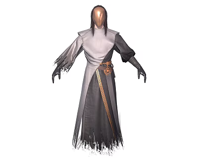 Mystical Hooded Character In Gray And White Robe With Ornate Belt And Fringed Hem 3d model