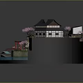Cartoon Scene of Japanese Houses with Cherry Blossom Trees River Boat and Red Torii Gate