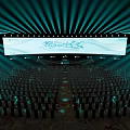 Stage With Teal Lighting Large Screen Text Graphics And Speaker At Conference Event 3d model
