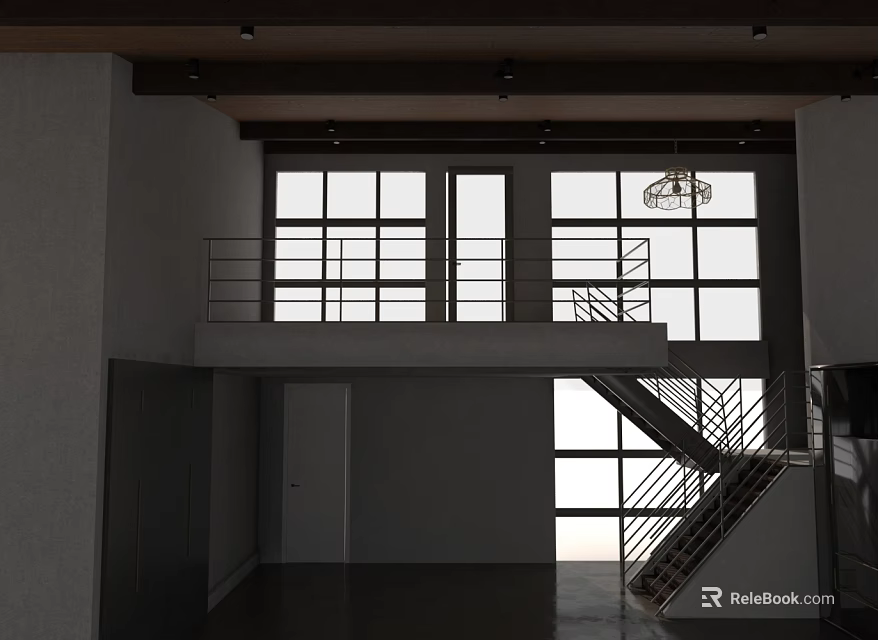 Bright Villa Balcony With Metal Railings And Staircase Near Large Windows 3d model 