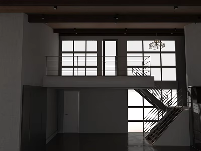 Bright Villa Balcony With Metal Railings And Staircase Near Large Windows 3d model